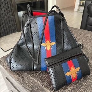 Black Perforated Tote with Red & Blue Stripe and Gold Bee Accent